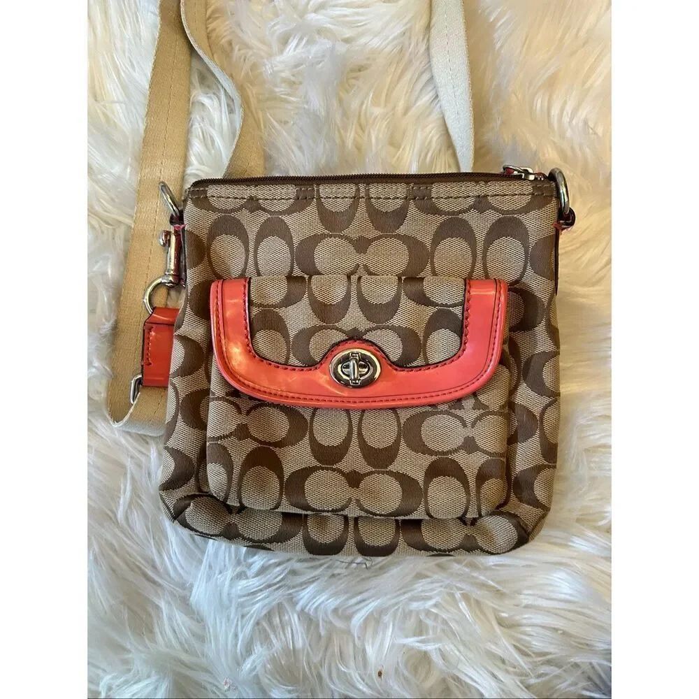 Coach Signature Jacquard Swingpack Crossbody Bag with hot orange Trim – Turnlock